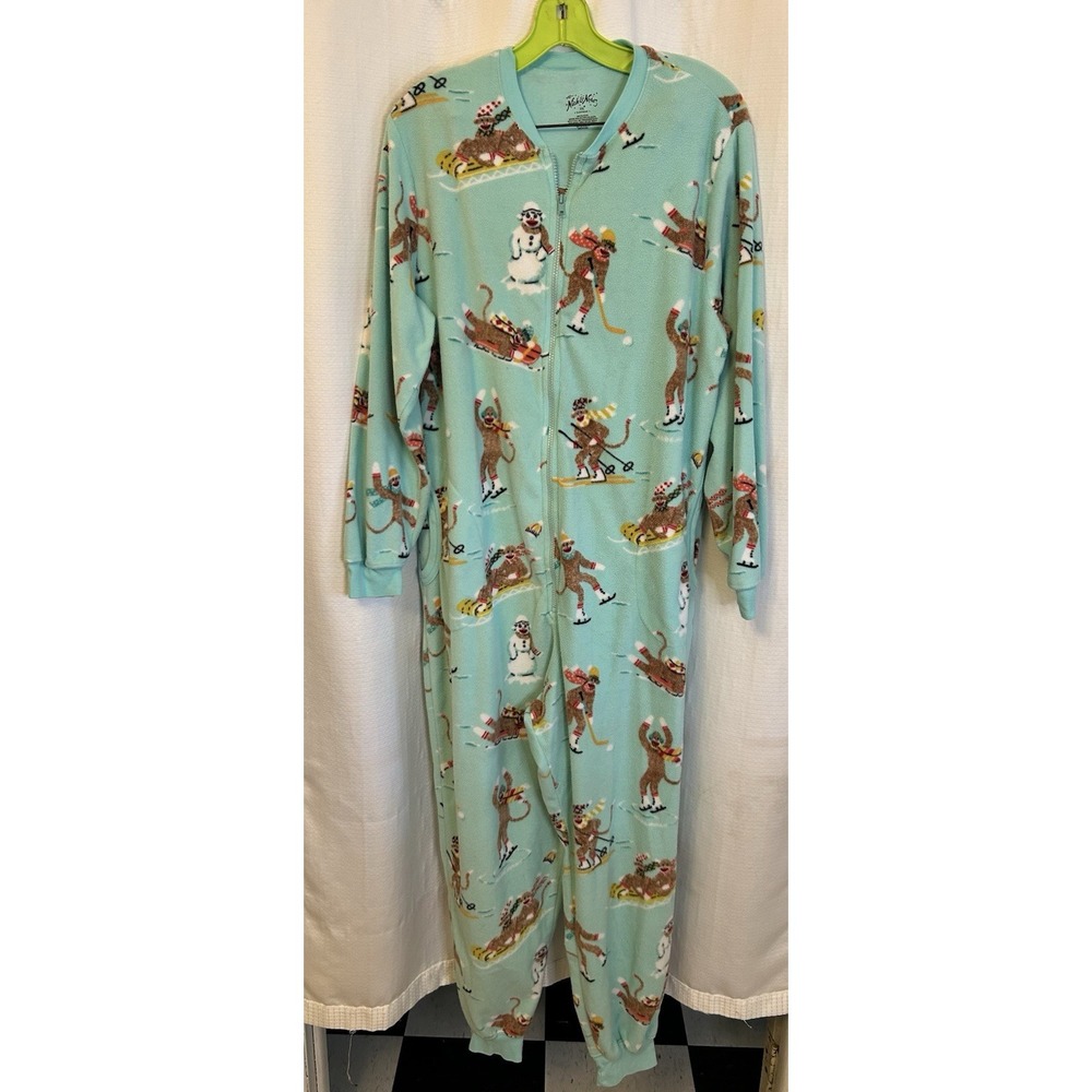 Nick & Nora Adult Teen Unisex Fleece One Piece Sock Monkeys Pajama Size XXL
